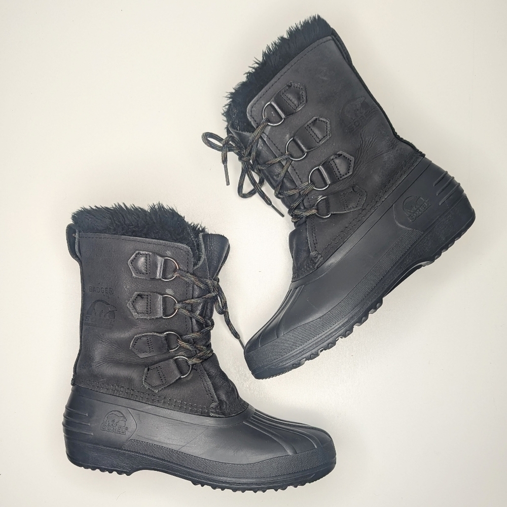 Sorel Badger black boots leather waterproof winter snow vintage lace up size 7 - Picture 2 of 9